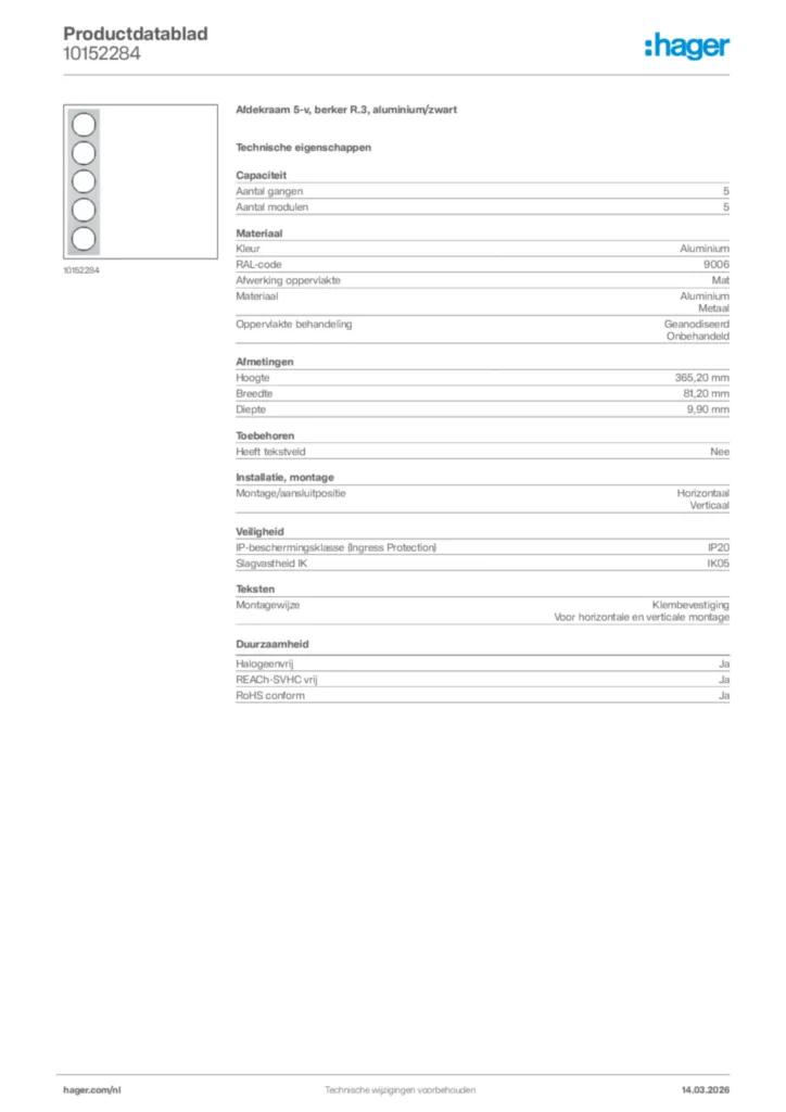Afbeelding Hager Productdatablad 10152284 | Hager Nederland