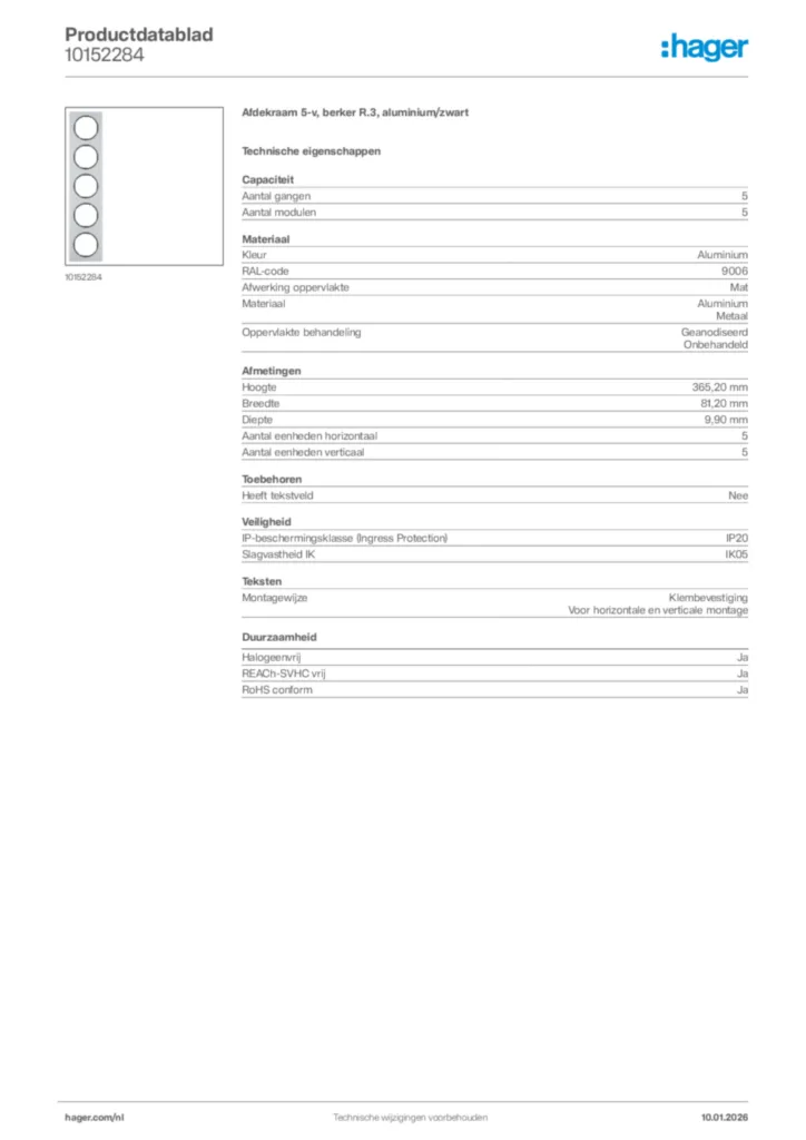 Afbeelding Hager Productdatablad 10152284 | Hager Nederland