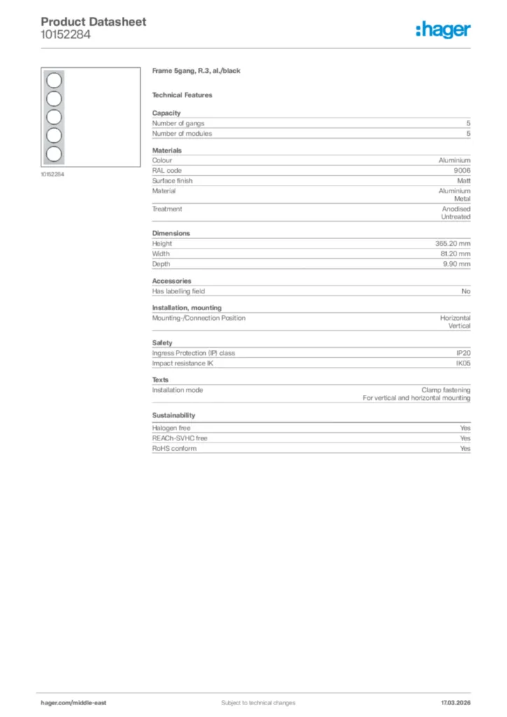 Image Hager Product data sheet 10152284  | Hager