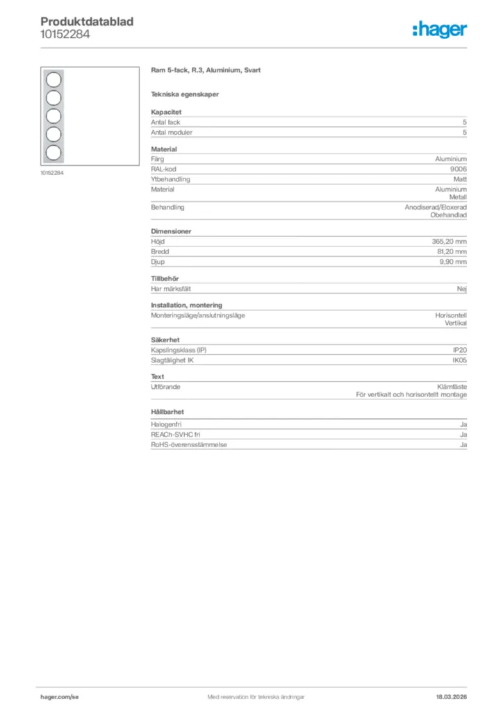 Bild Hager Produktdatablad 10152284 | Hager Sverige