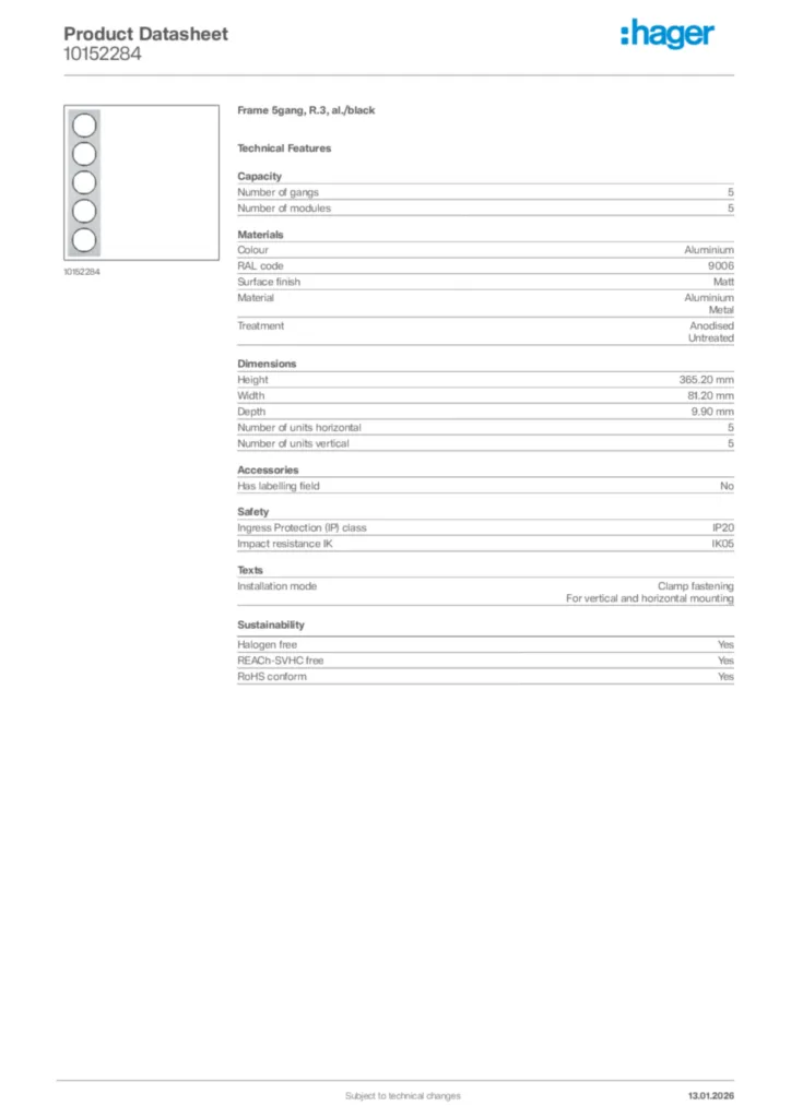 Image Hager Product data sheet 10152284  | Hager