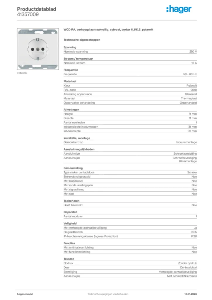 Afbeelding Hager Productdatablad 41357009 | Hager Nederland