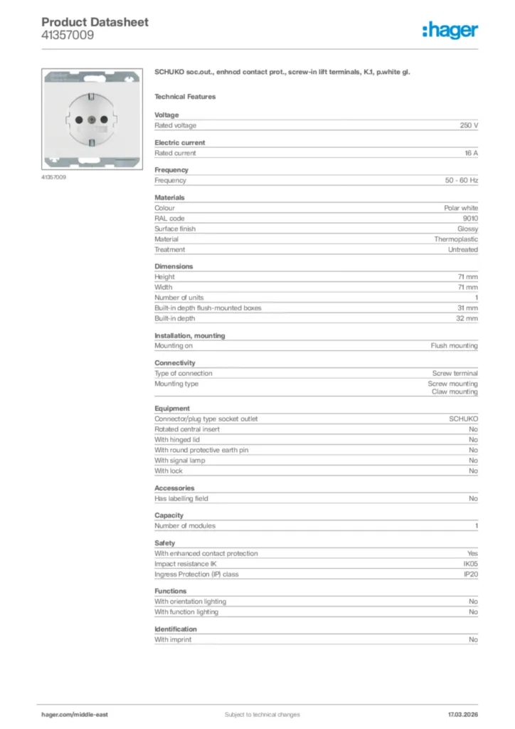 Image Hager Product data sheet 41357009  | Hager