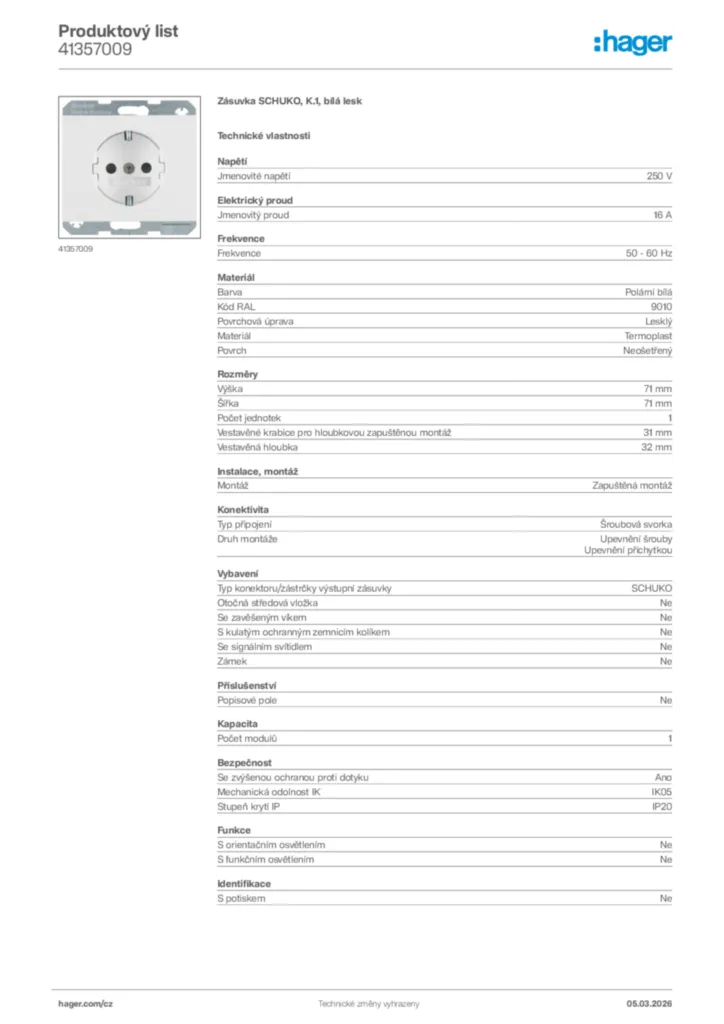 Obrázek Hager Product data sheet 41357009 | Hager