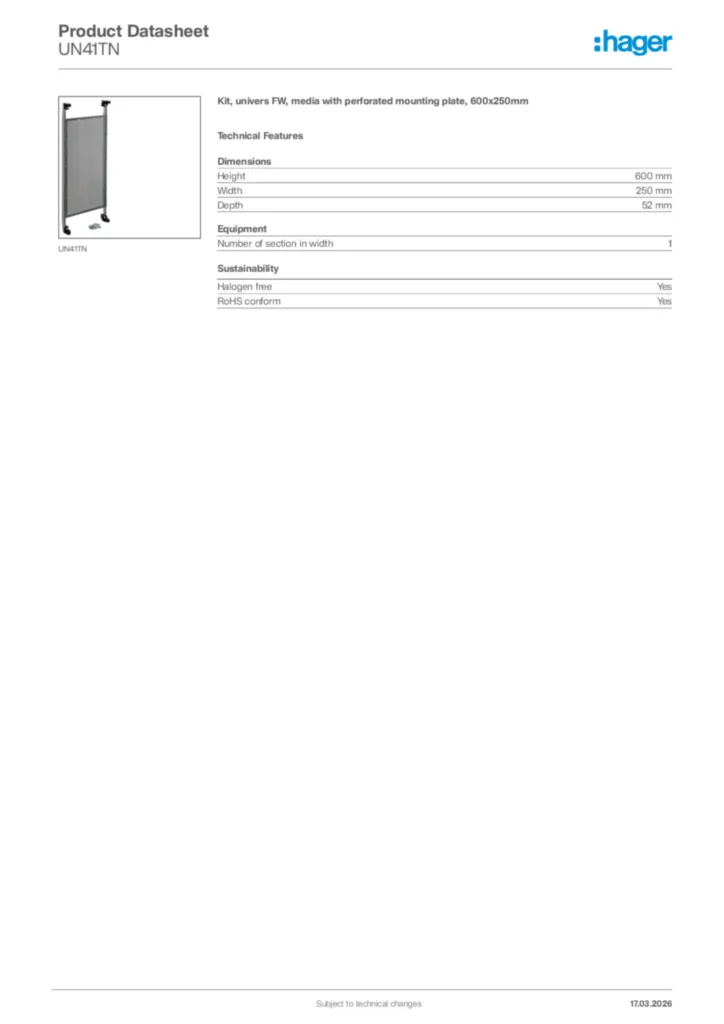 Image Hager Product data sheet UN41TN  | Hager Africa