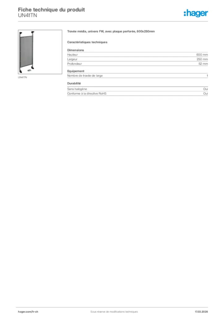 Image Hager Fiche technique du produit UN41TN | Hager Suisse