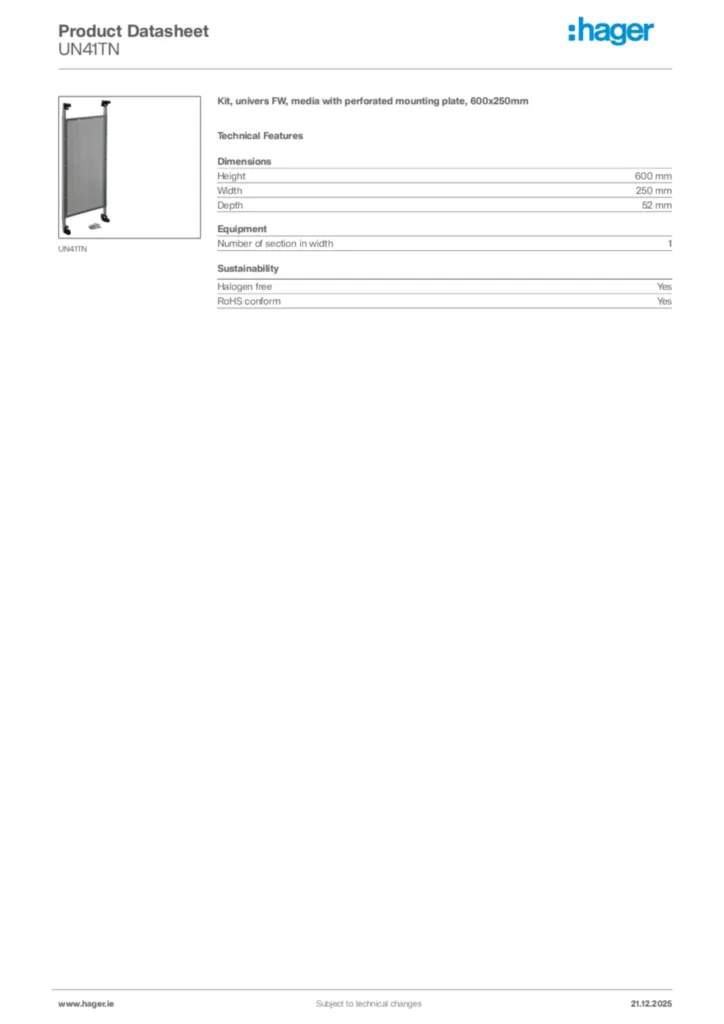 Image Hager Product data sheet UN41TN  | Hager