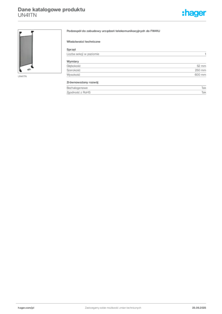 Zdjęcie Hager Dane katalogowe produktu UN41TN | Hager Polska