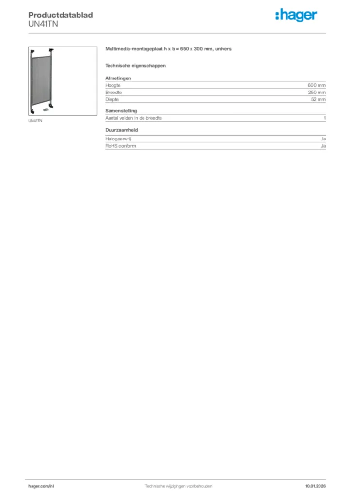 Afbeelding Hager Productdatablad UN41TN | Hager Nederland