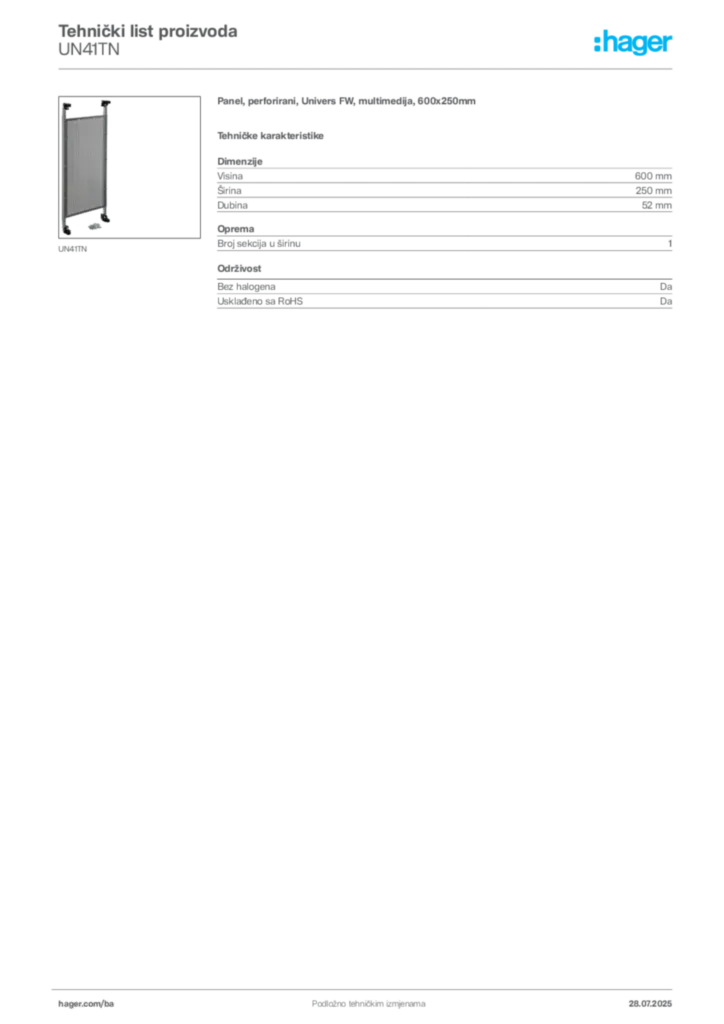 Slika Hager Product data sheet UN41TN  | Hager