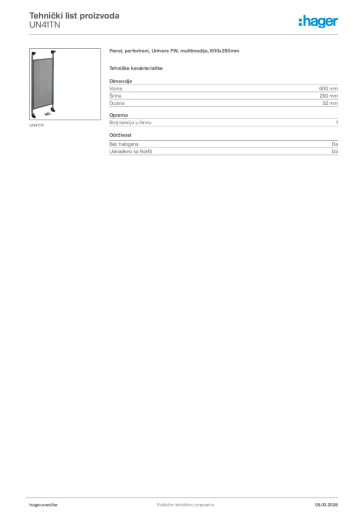 Slika Hager Tehnički list proizvoda UN41TN  | Hager