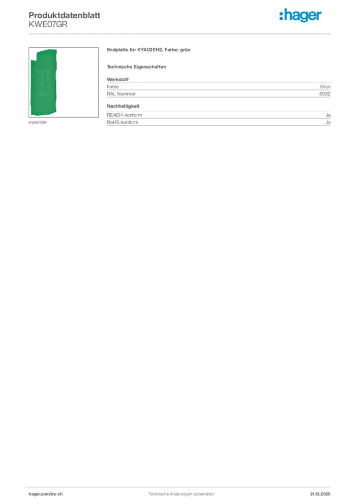 Bild Hager Produktdatenblatt KWE07GR | Hager Schweiz