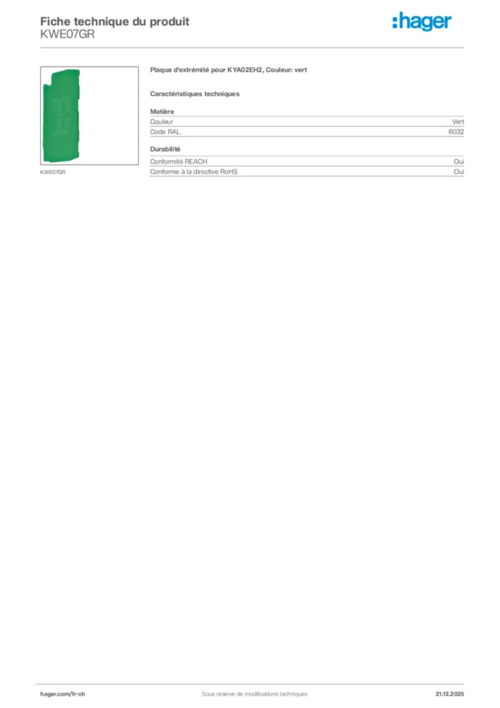 Image Hager Fiche technique du produit KWE07GR | Hager Suisse