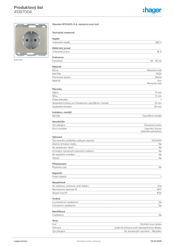 Obrázek Hager Product data sheet 41357004 | Hager