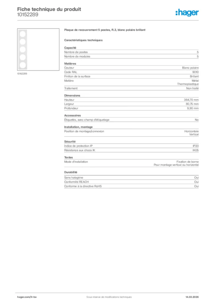 Image Hager Fiche technique du produit 10152289 | Hager Belgique