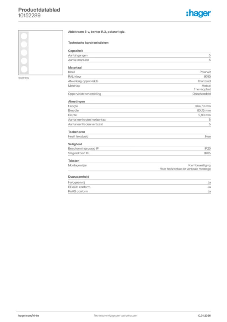 Afbeelding Hager Productdatablad 10152289 | Hager Belgium