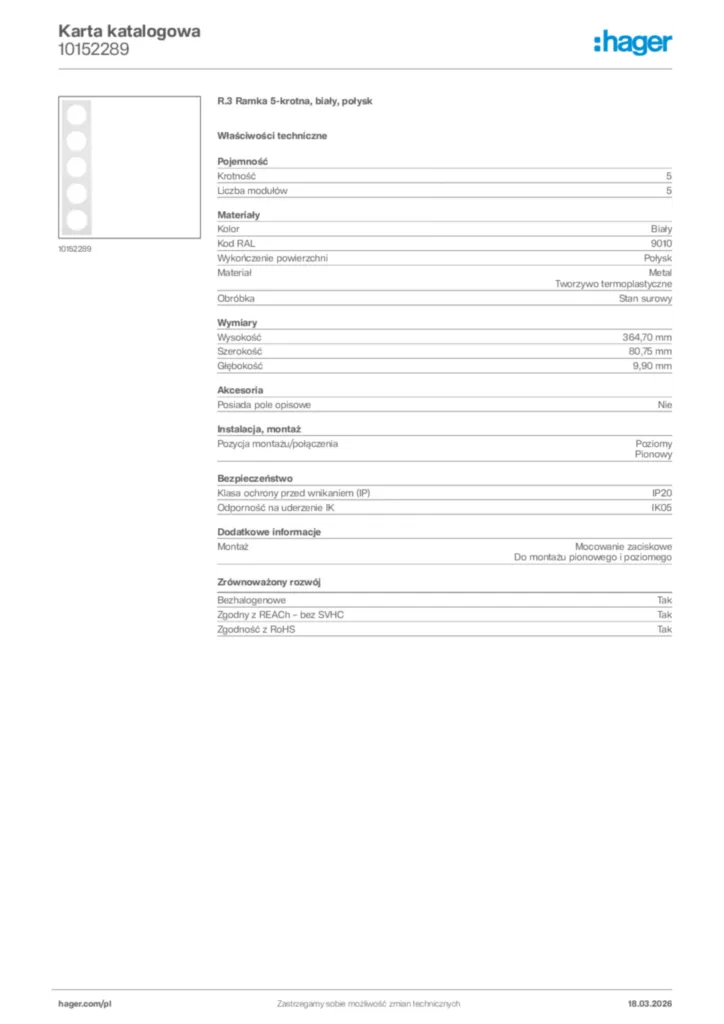 Zdjęcie Hager Karta katalogowa 10152289 | Hager Polska