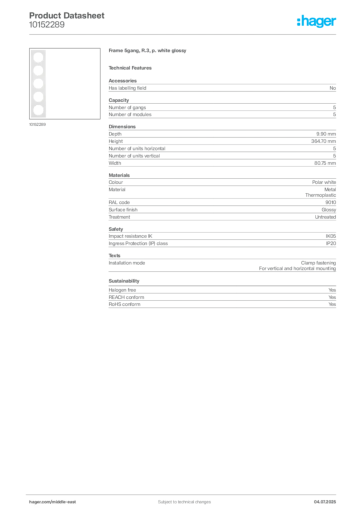 Image Hager Product data sheet 10152289  | Hager