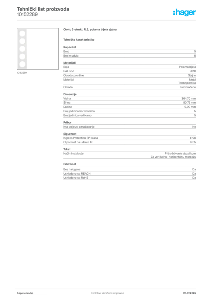 Slika Hager Product data sheet 10152289  | Hager