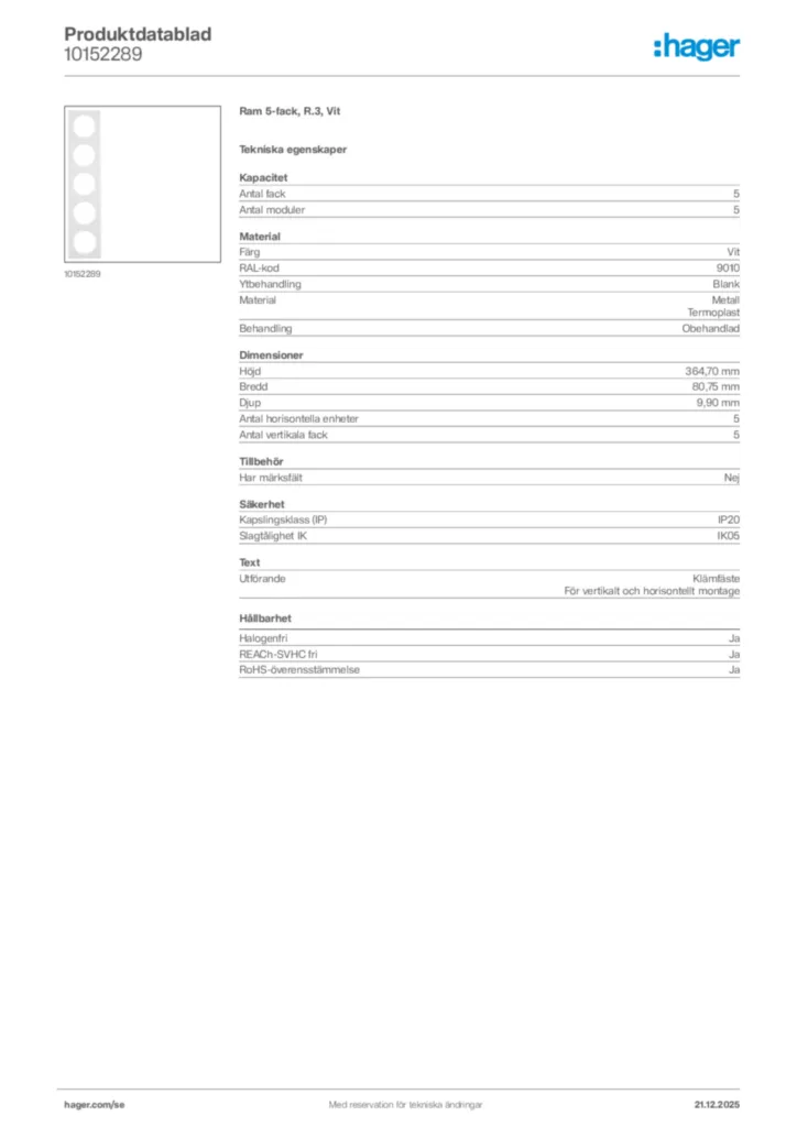 Bild Hager Produktdatablad 10152289 | Hager Sverige