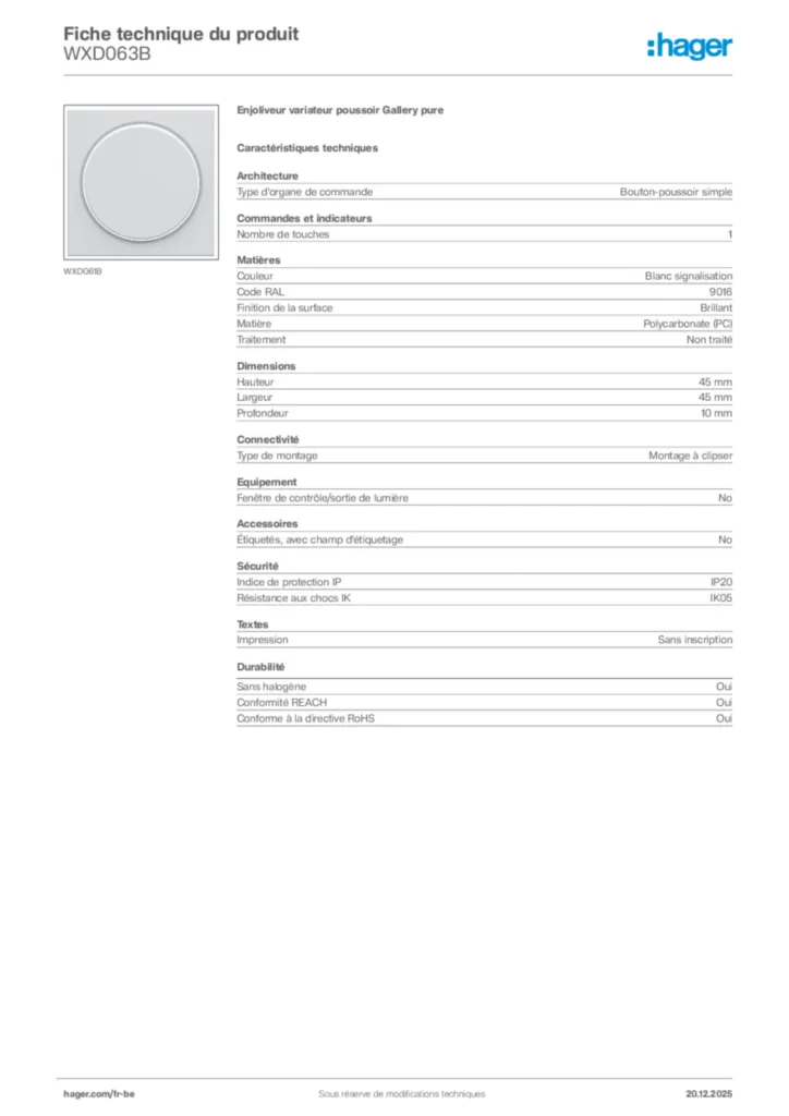Image Hager Fiche technique du produit WXD063B | Hager Belgique