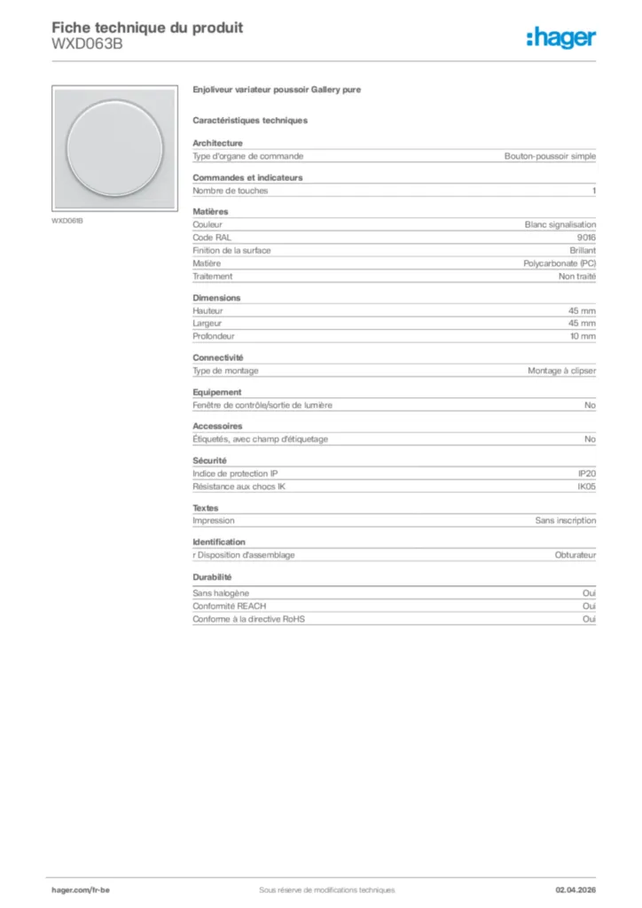 Image Hager Fiche technique du produit WXD063B | Hager Belgique