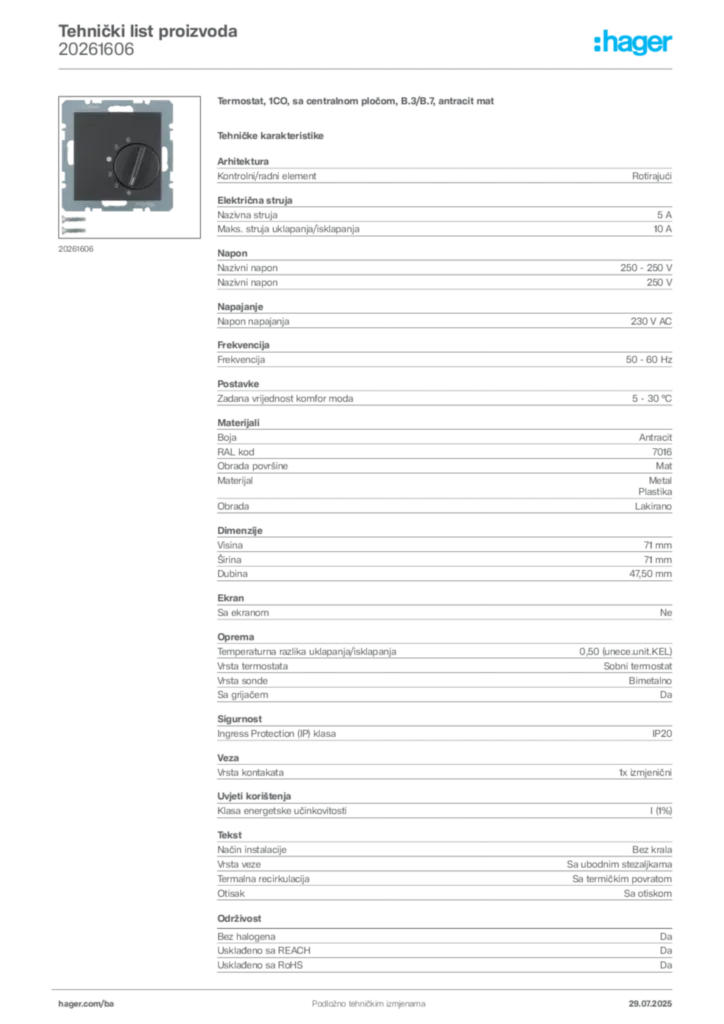 Slika Hager Product data sheet 20261606  | Hager