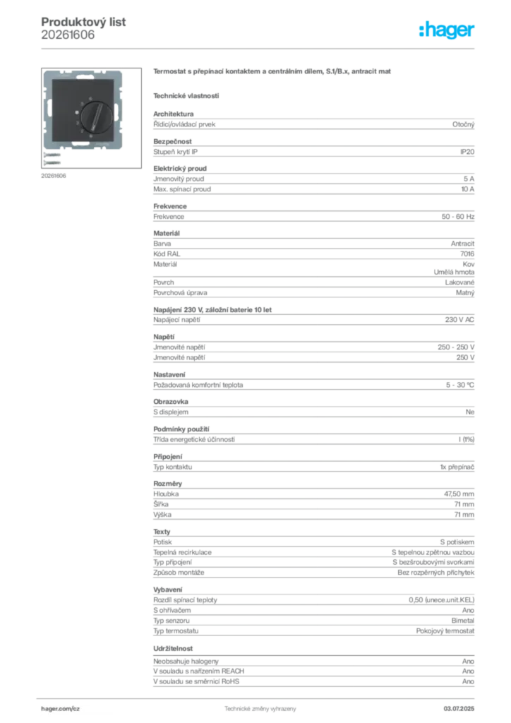 Obrázek Hager Produktový list 20261606 | Hager