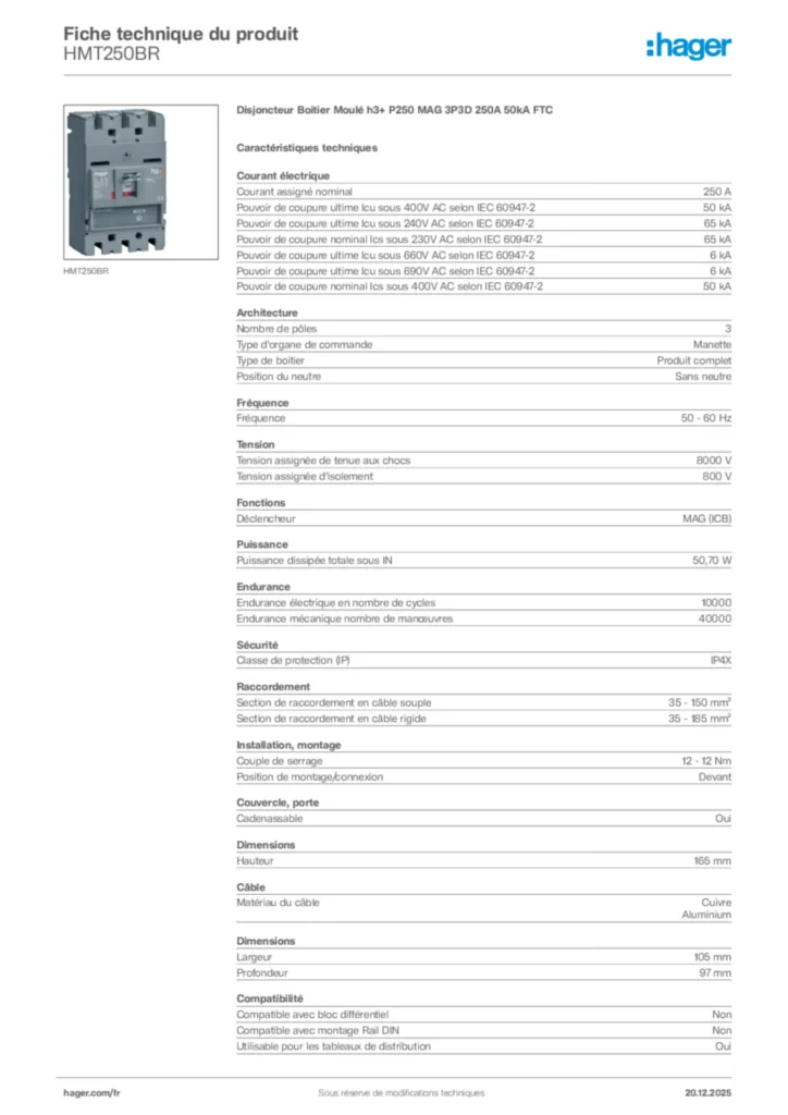 Image Hager Fiche technique du produit HMT250BR | Hager France