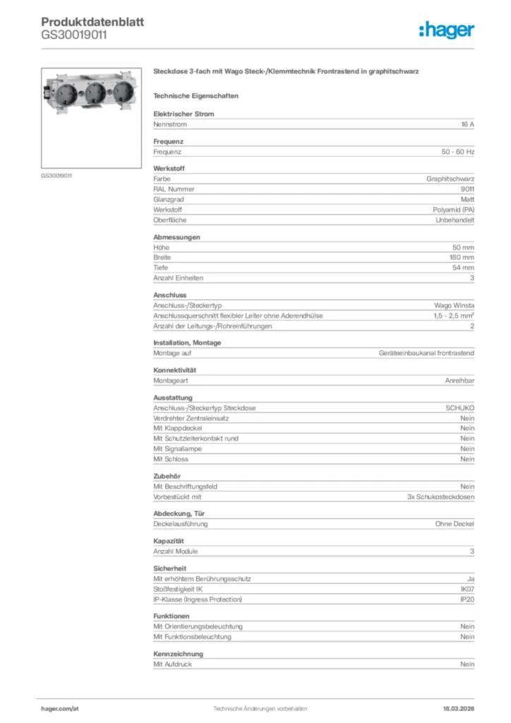 Bild Hager Produktdatenblatt GS30019011 | Hager Deutschland
