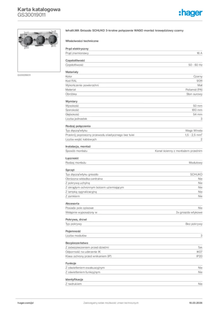 Zdjęcie Hager Karta katalogowa GS30019011 | Hager Polska
