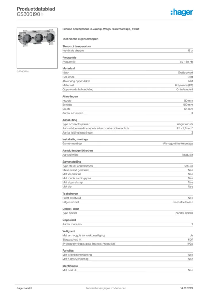 Afbeelding Hager Productdatablad GS30019011 | Hager Nederland