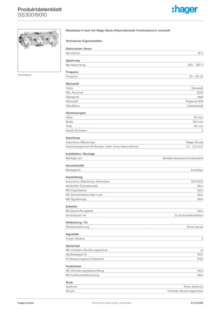 Bild Hager Produktdatenblatt GS30019010 | Hager Deutschland