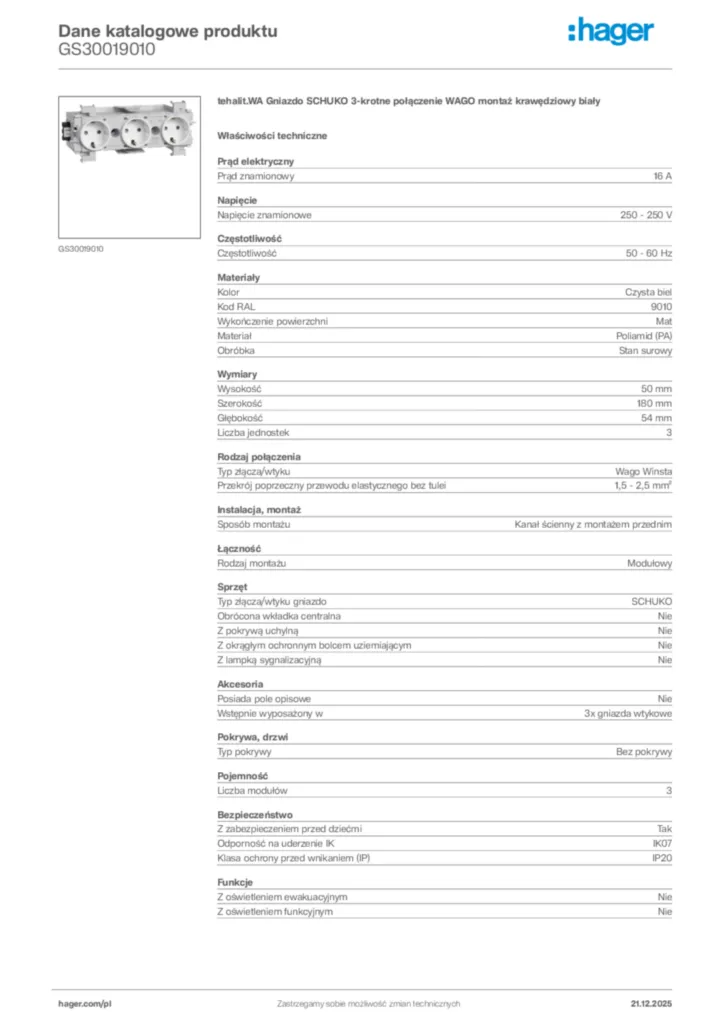 Zdjęcie Hager Dane katalogowe produktu GS30019010 | Hager Polska