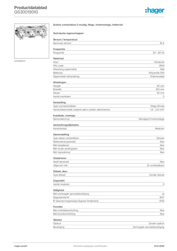 Afbeelding Hager Productdatablad GS30019010 | Hager Nederland
