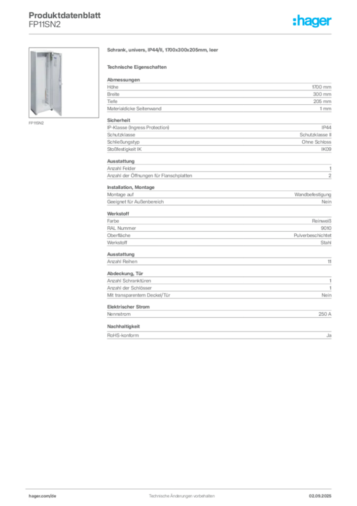 Bild Hager Produktdatenblatt FP11SN2 | Hager Deutschland