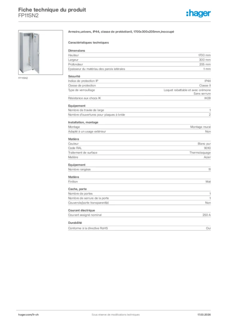 Image Hager Fiche technique du produit FP11SN2 | Hager Suisse