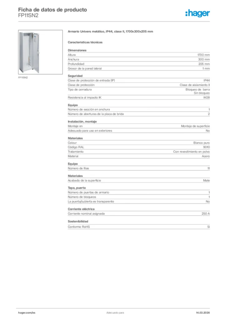 Imagen Hager Ficha de datos de producto FP11SN2 | Hager España