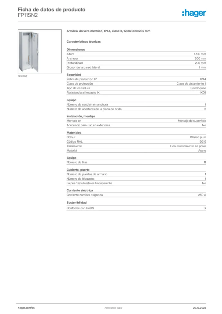 Imagen Hager Ficha de datos de producto FP11SN2 | Hager España