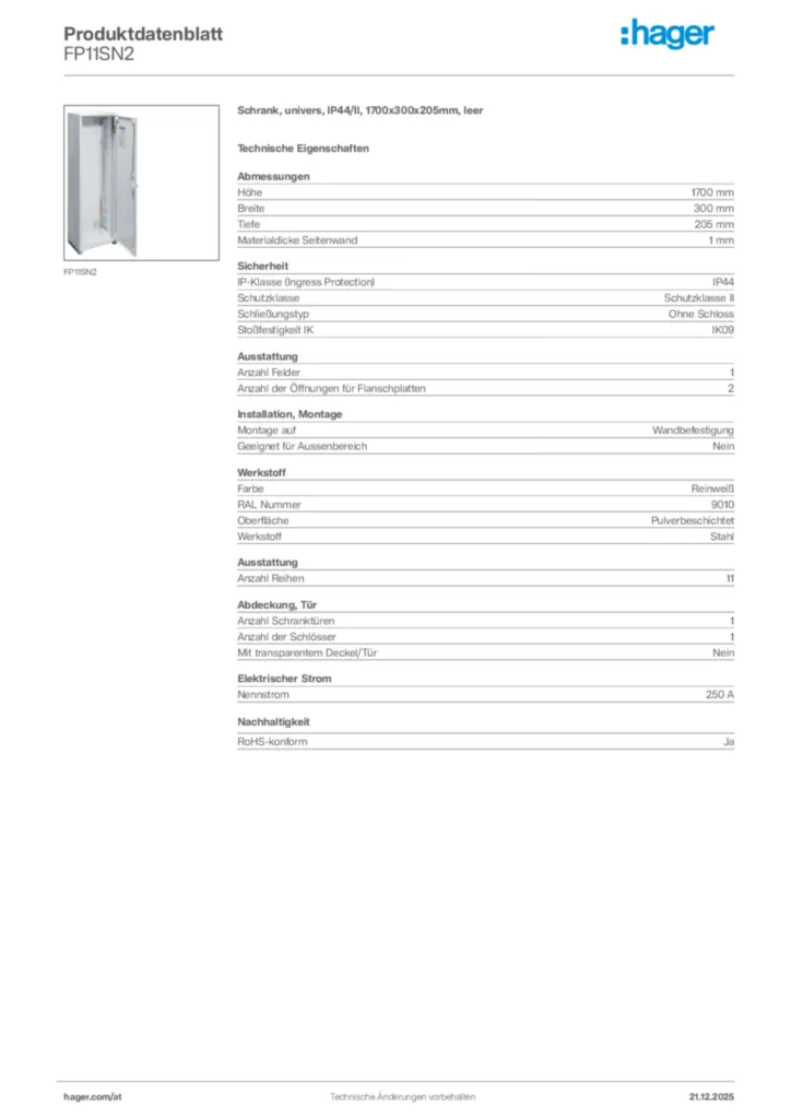 Bild Hager Produktdatenblatt FP11SN2 | Hager Deutschland