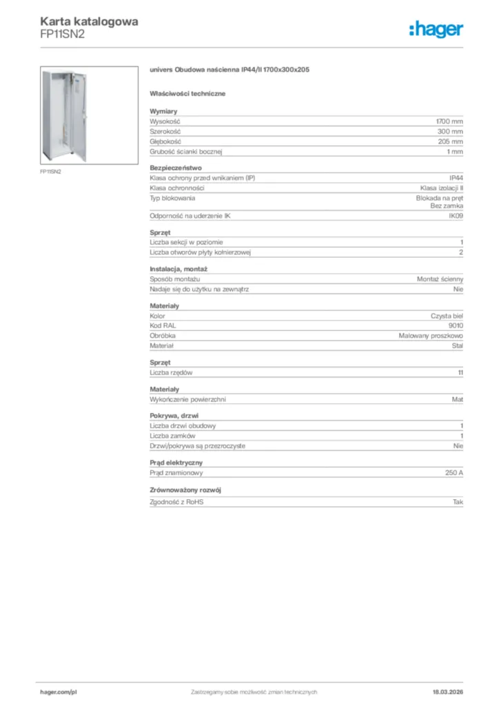 Zdjęcie Hager Karta katalogowa FP11SN2 | Hager Polska