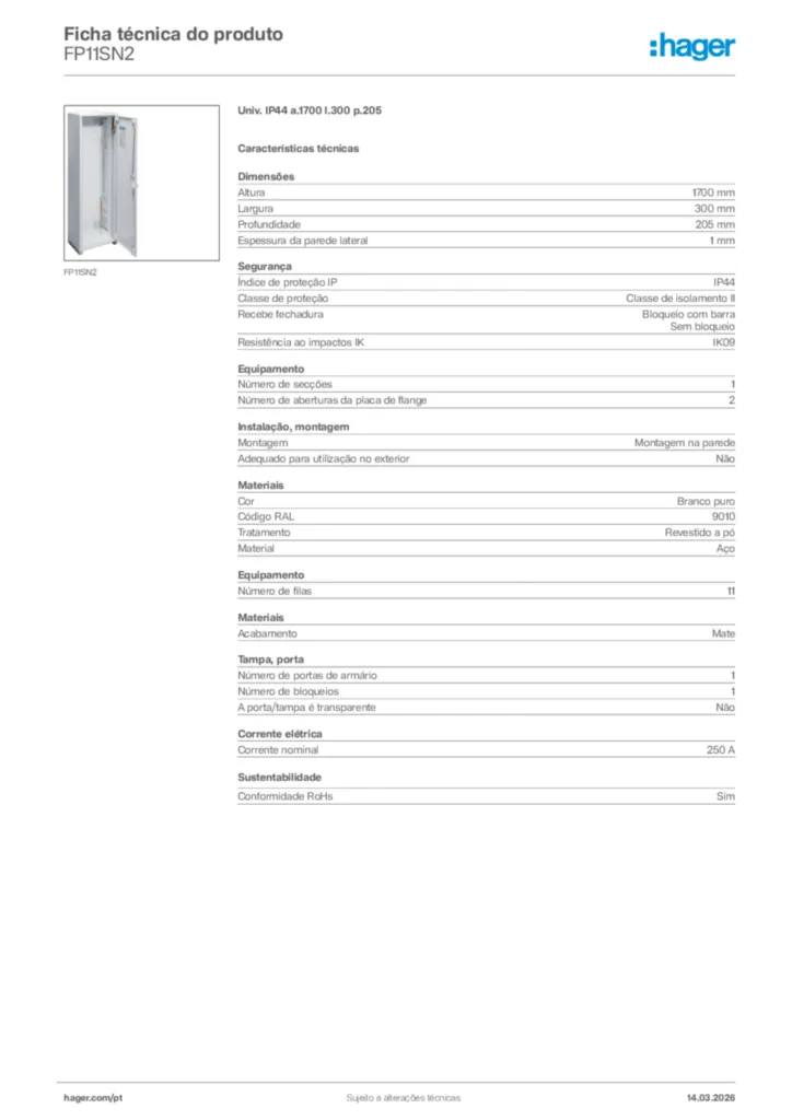 Imagem Hager Ficha técnica do produto FP11SN2 | Hager Portugal