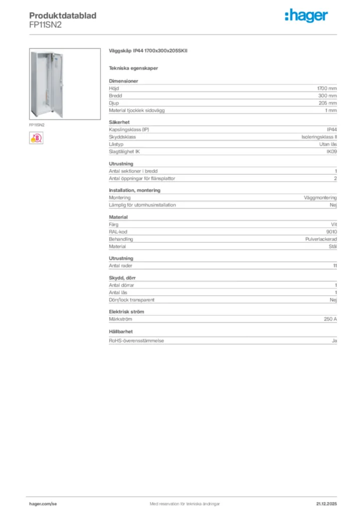 Bild Hager Produktdatablad FP11SN2 | Hager Sverige