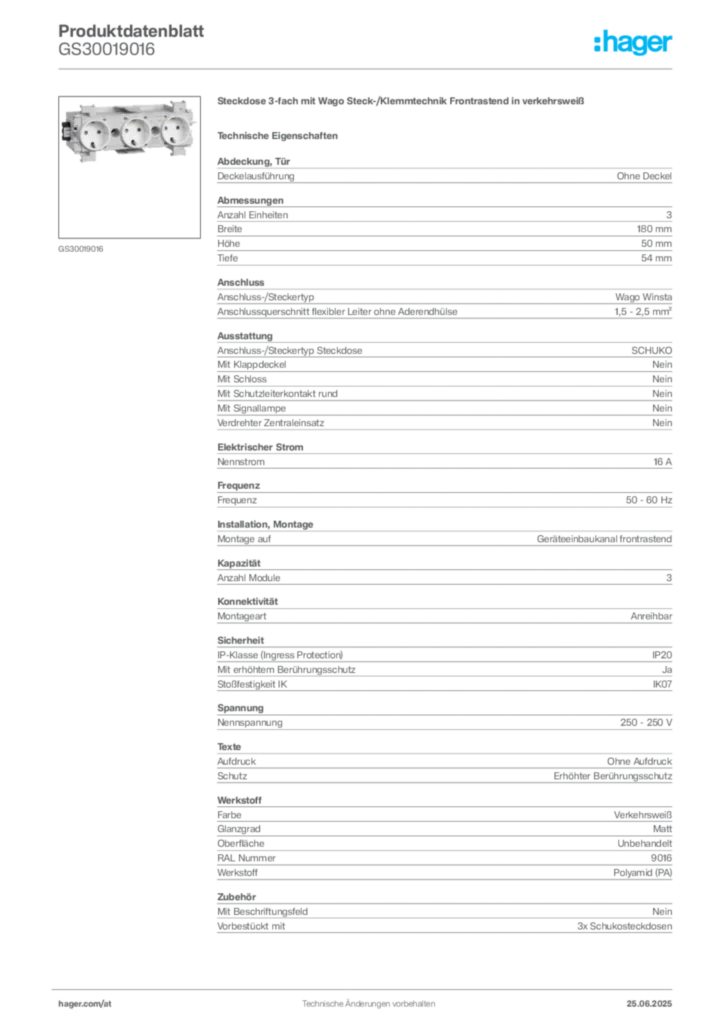 Bild Hager Produktdatenblatt GS30019016 | Hager Deutschland