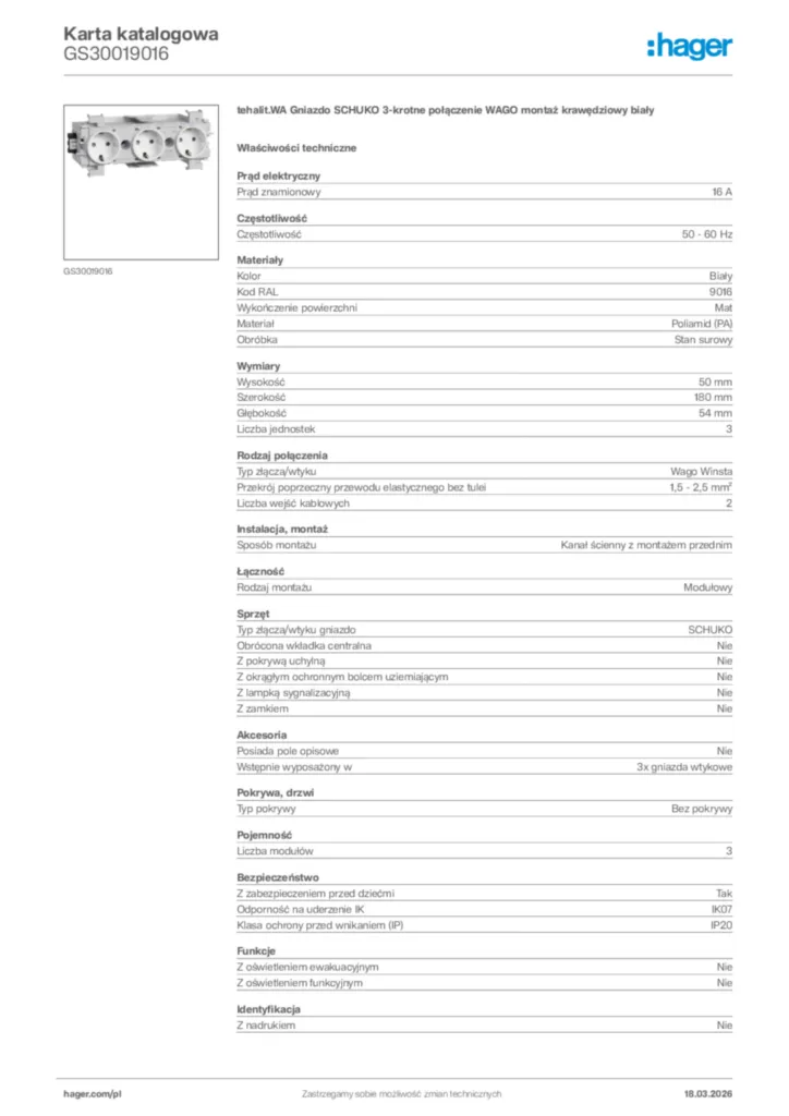Zdjęcie Hager Karta katalogowa GS30019016 | Hager Polska