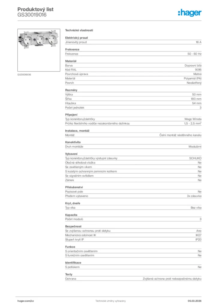 Obrázek Hager Product data sheet GS30019016 | Hager