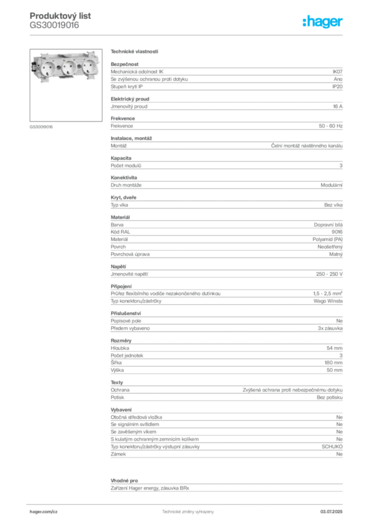 Obrázek Hager Produktový list GS30019016 | Hager