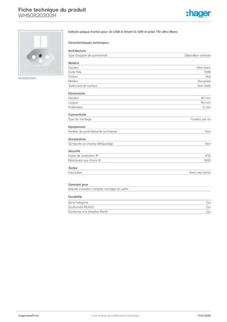 Image Hager Fiche technique du produit WH50820300H | Hager Suisse