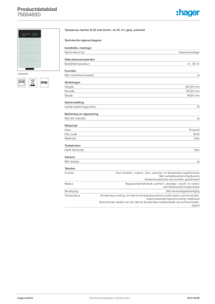 Afbeelding Hager Productdatablad 75664690 | Hager Nederland