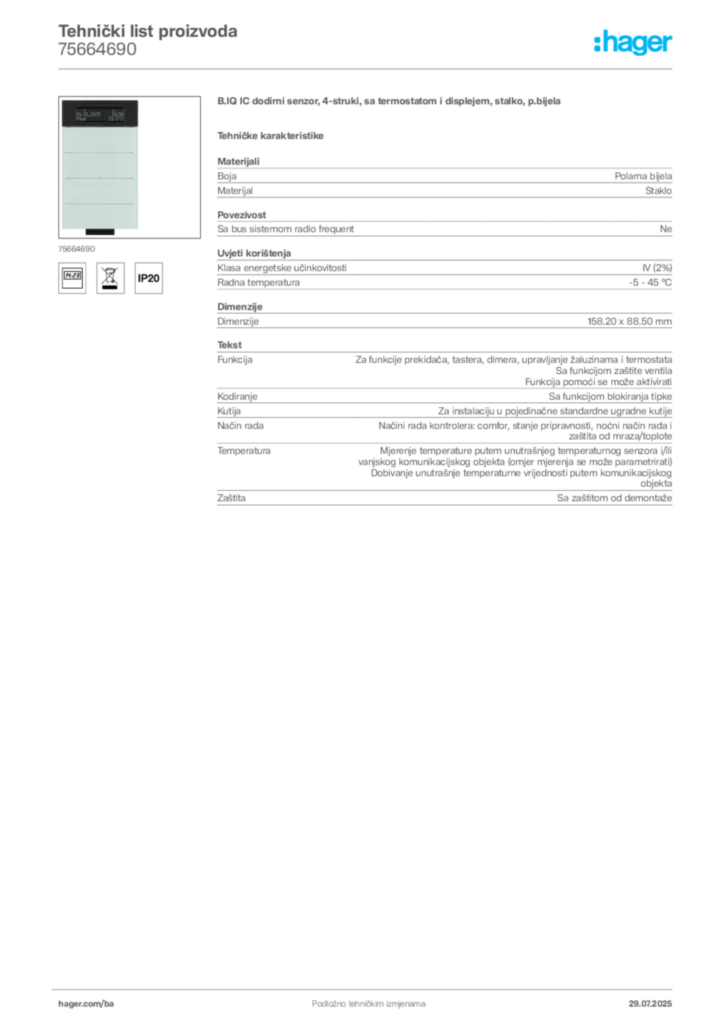 Slika Hager Product data sheet 75664690  | Hager